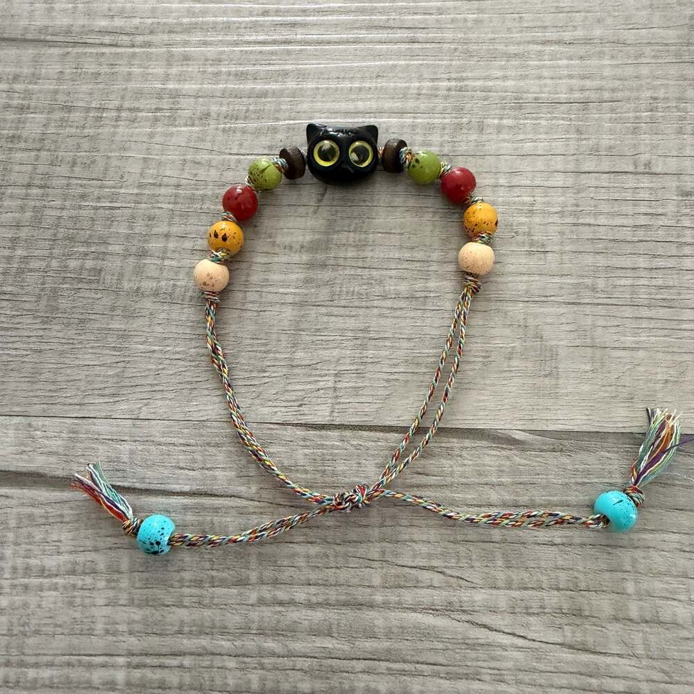 Black Cat Bead Woven Adjustable Tassel Bracelet with Multi-Colored Accents